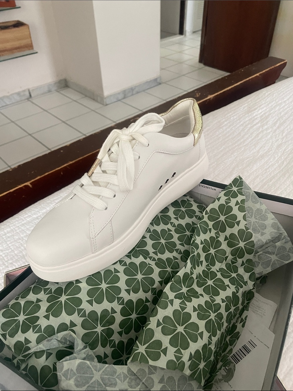 Kate Spade White Leather Platform Sneaker with Gold Accent - Women